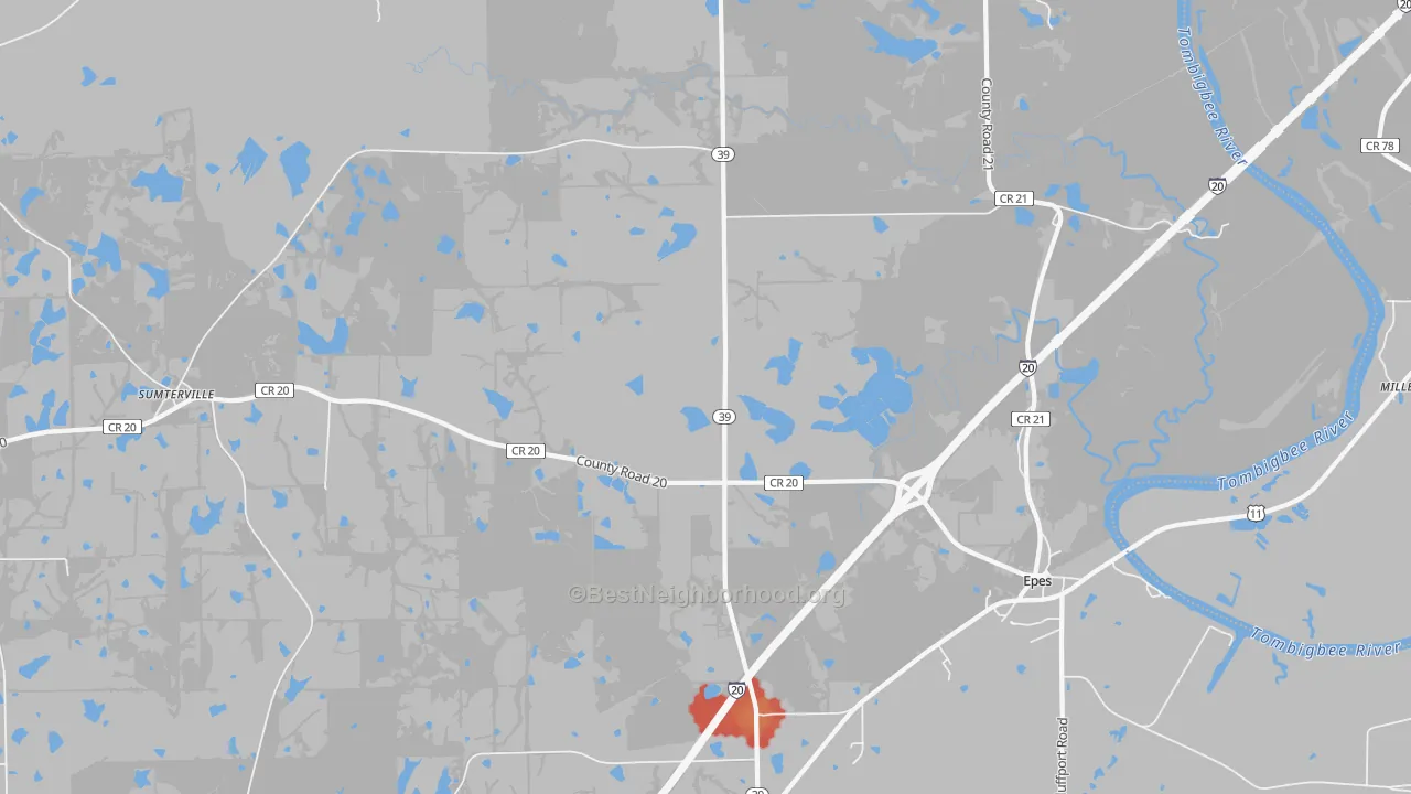 Walk Grade map of Hamner, AL, walkable areas in green and car-dependent areas in red