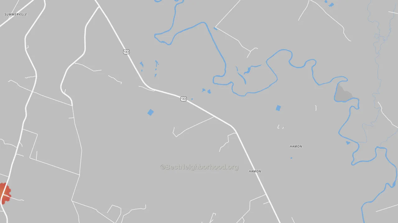 Walk Grade map of Hamon, TX, walkable areas in green and car-dependent areas in red