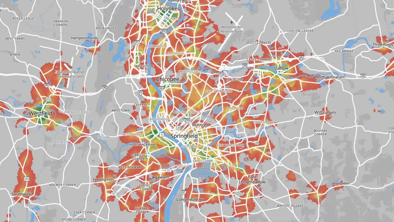 Walk Grade map of Hampden County, MA, walkable areas in green and car-dependent areas in red