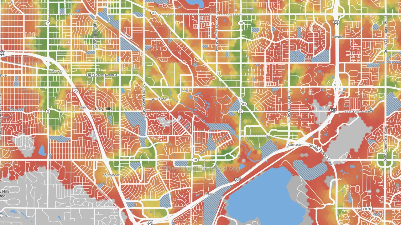 Walk Grade map of Hampden, Denver, CO, walkable areas in green and car-dependent areas in red