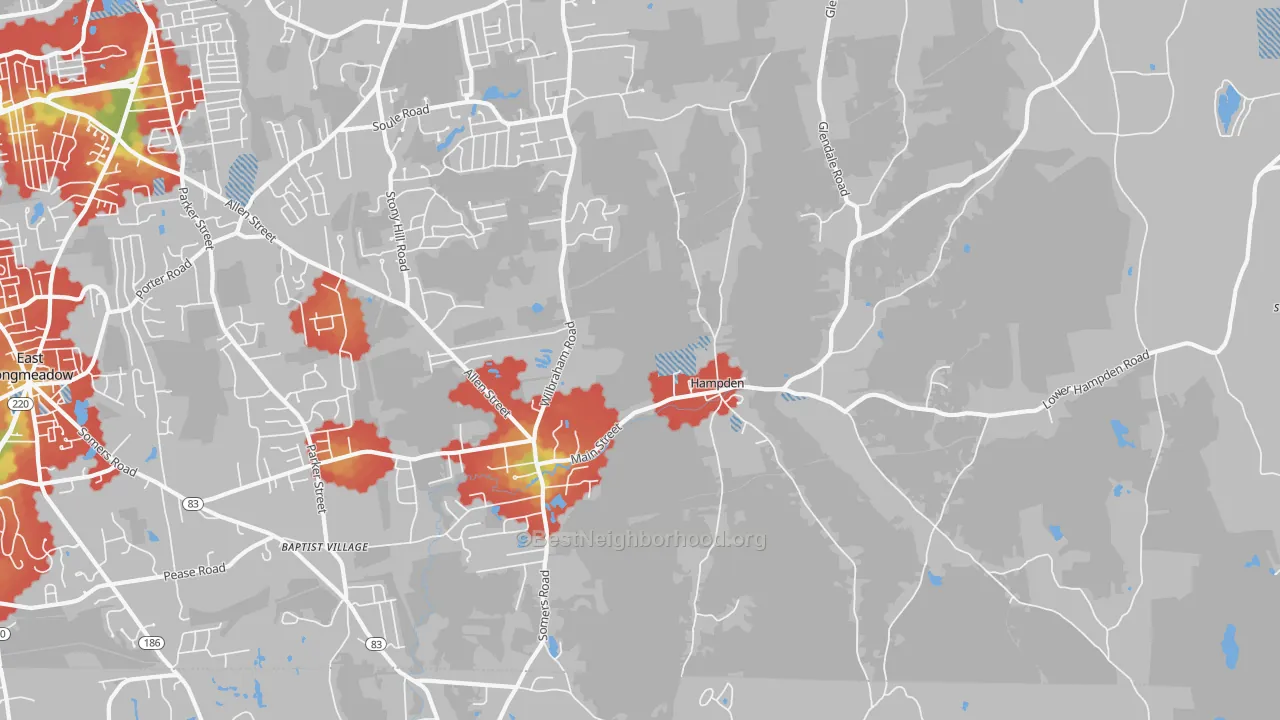 Walk Grade map of Hampden, MA, walkable areas in green and car-dependent areas in red