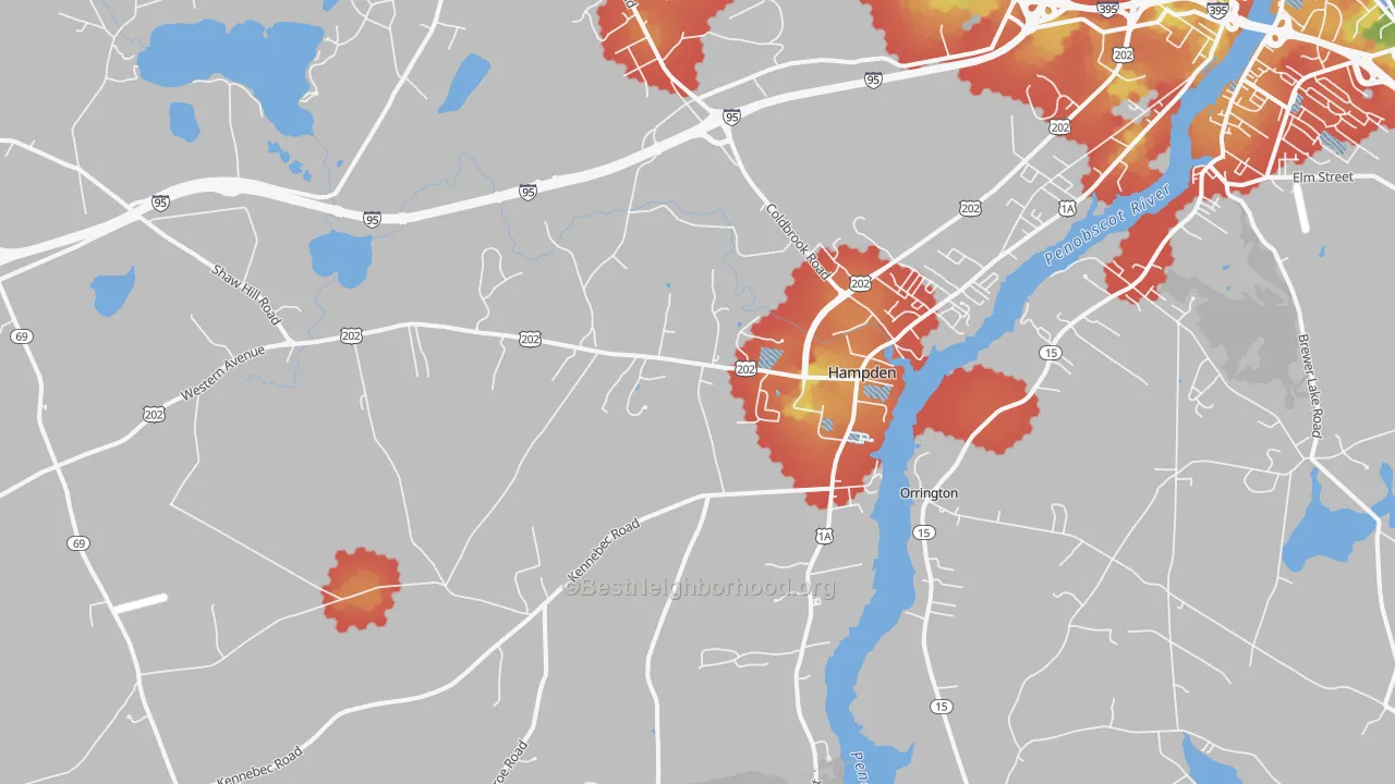 Walk Grade map of Hampden, ME, walkable areas in green and car-dependent areas in red