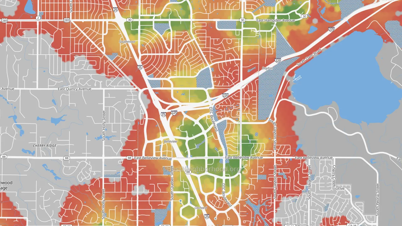 Walk Grade map of Hampden South, Denver, CO, walkable areas in green and car-dependent areas in red