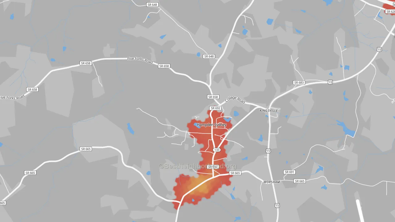 Walk Grade map of Hampden-Sydney, VA, walkable areas in green and car-dependent areas in red