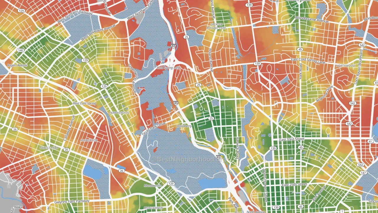 Walk Grade map of Hampden-Woodberry-Remington, Baltimore, MD, walkable areas in green and car-dependent areas in red