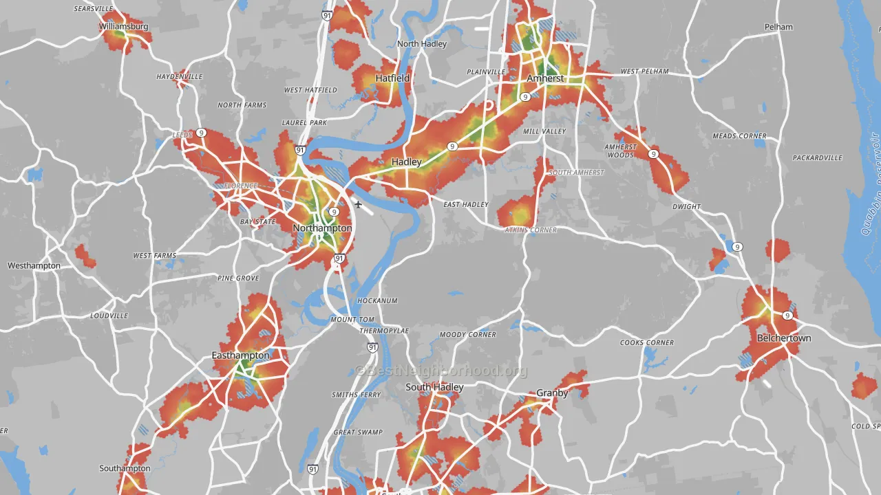 Walk Grade map of Hampshire County, MA, walkable areas in green and car-dependent areas in red