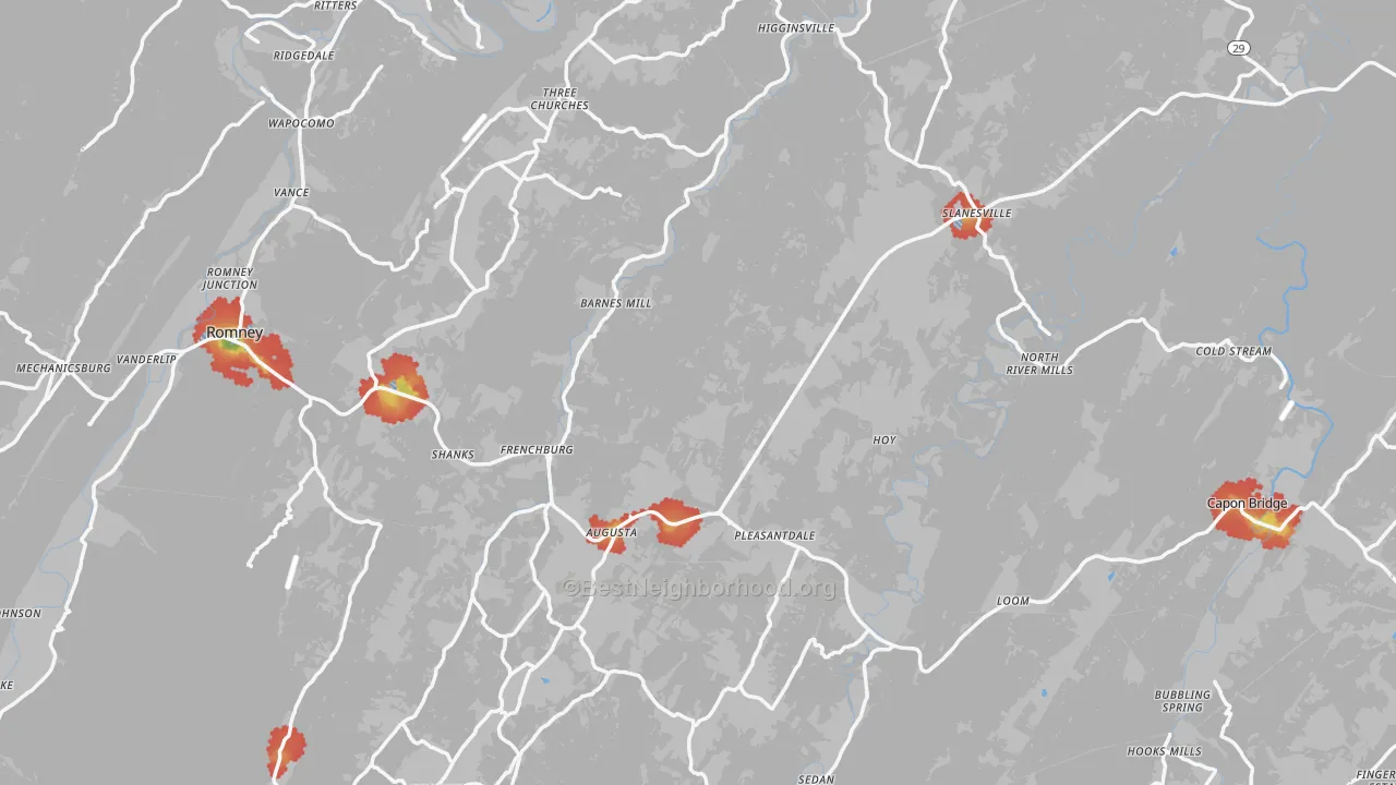 Walk Grade map of Hampshire County, WV, walkable areas in green and car-dependent areas in red