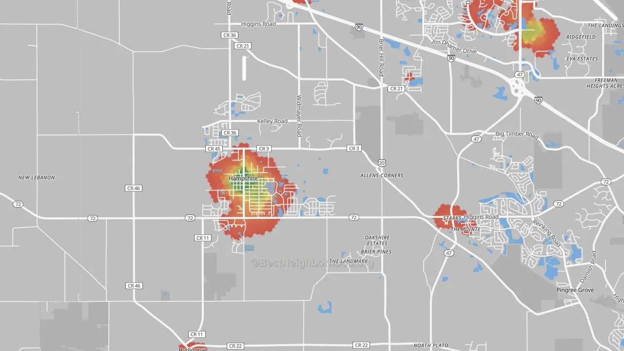 Walk Grade map of Hampshire, IL, walkable areas in green and car-dependent areas in red