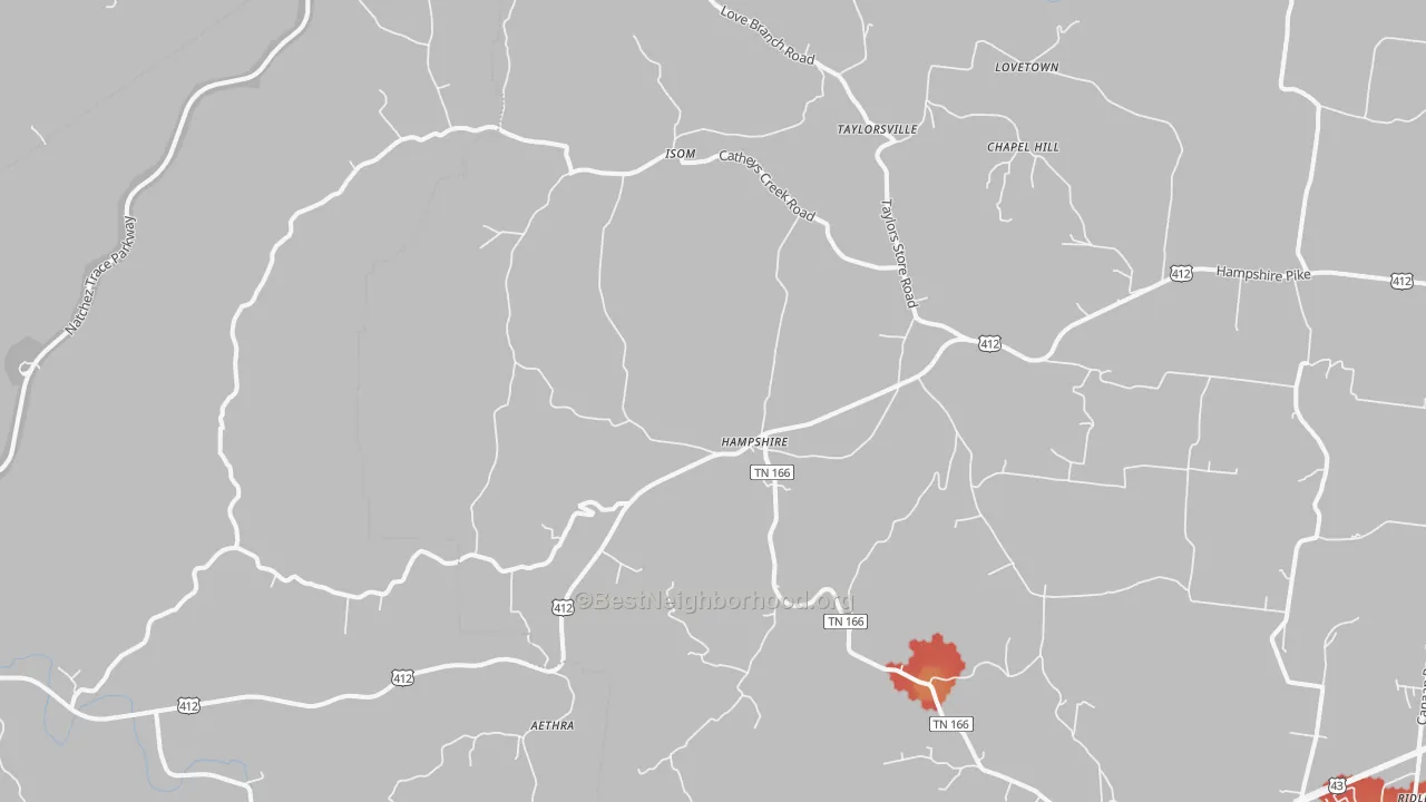 Walk Grade map of Hampshire, TN, walkable areas in green and car-dependent areas in red