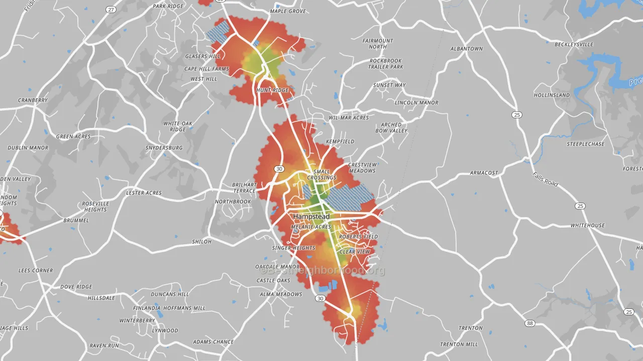 Walk Grade map of Hampstead, MD, walkable areas in green and car-dependent areas in red