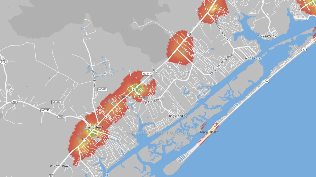 Walk Grade map of Hampstead, NC, walkable areas in green and car-dependent areas in red