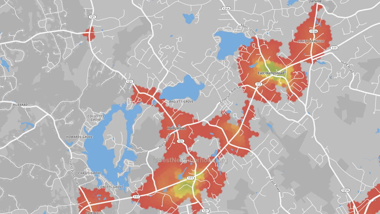 Walk Grade map of Hampstead, NH, walkable areas in green and car-dependent areas in red