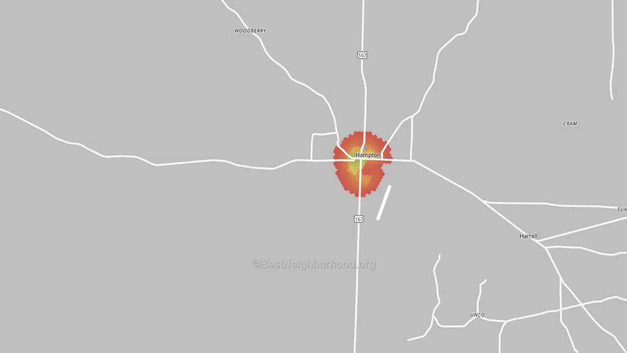 Walk Grade map of Hampton, AR, walkable areas in green and car-dependent areas in red