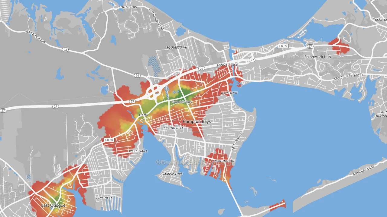 Walk Grade map of Hampton Bays, NY, walkable areas in green and car-dependent areas in red