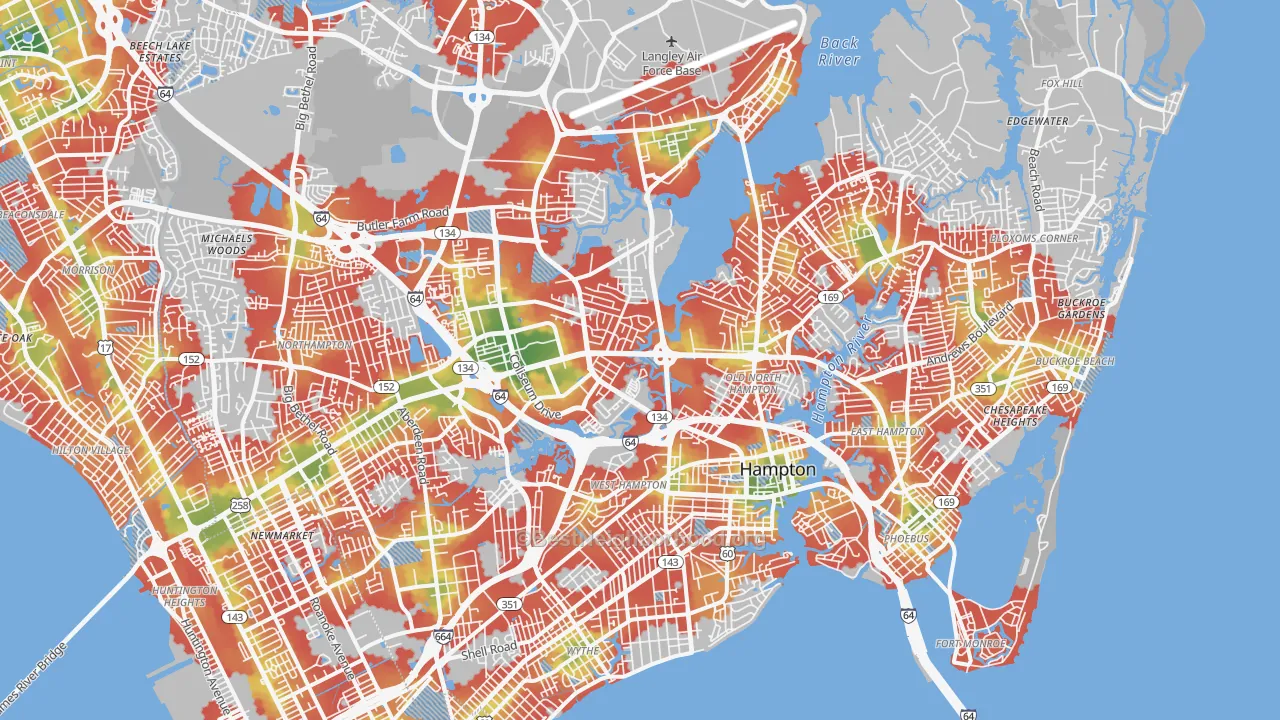 Walk Grade map of Hampton City, VA, walkable areas in green and car-dependent areas in red