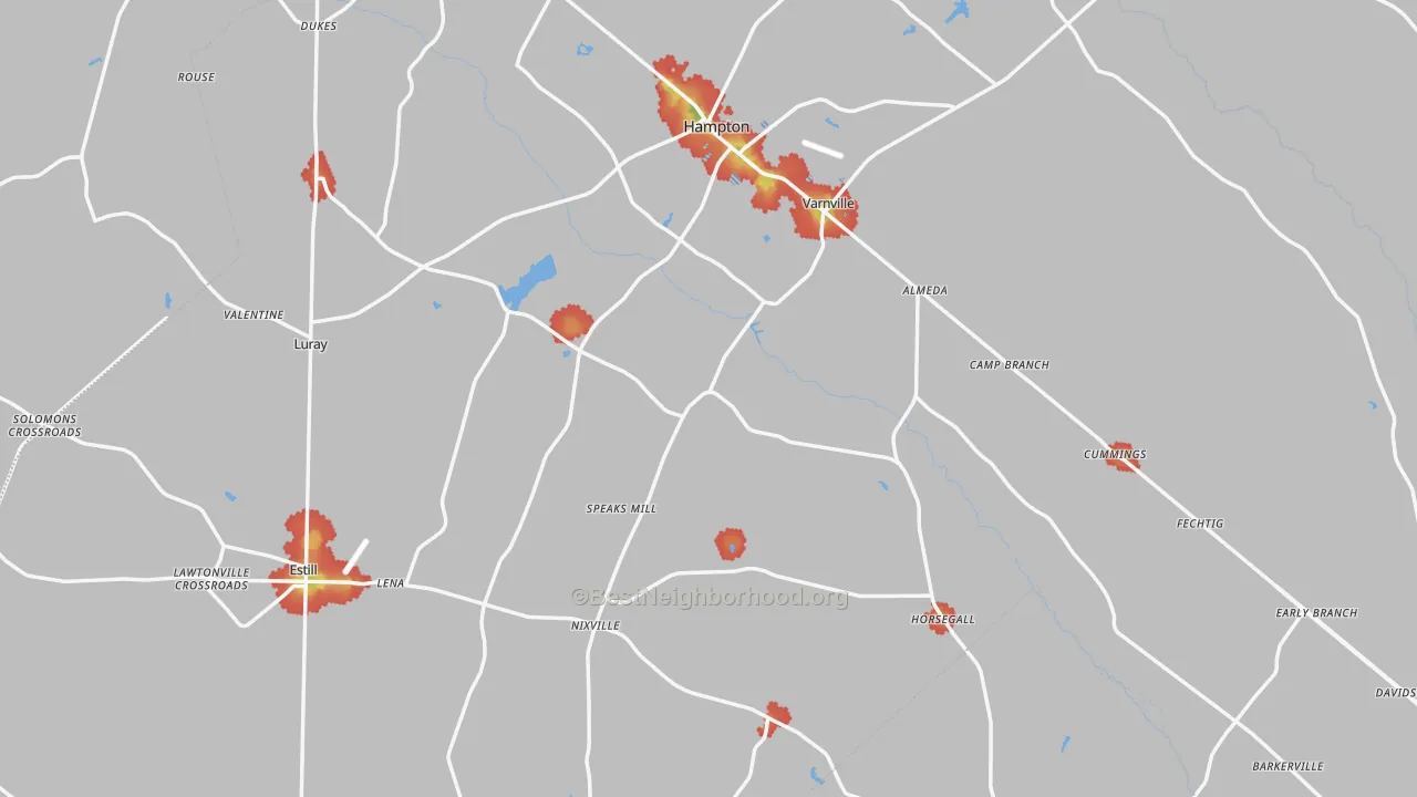 Walk Grade map of Hampton County, SC, walkable areas in green and car-dependent areas in red