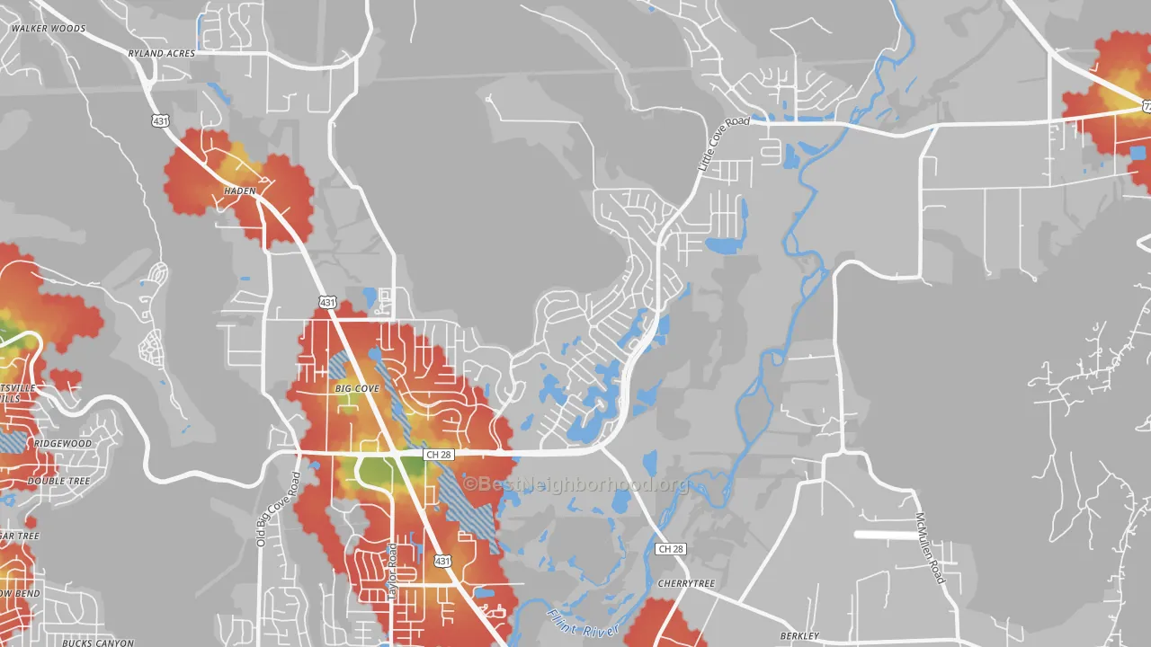 Walk Grade map of Hampton Cove, Owens Cross Roads, AL, walkable areas in green and car-dependent areas in red