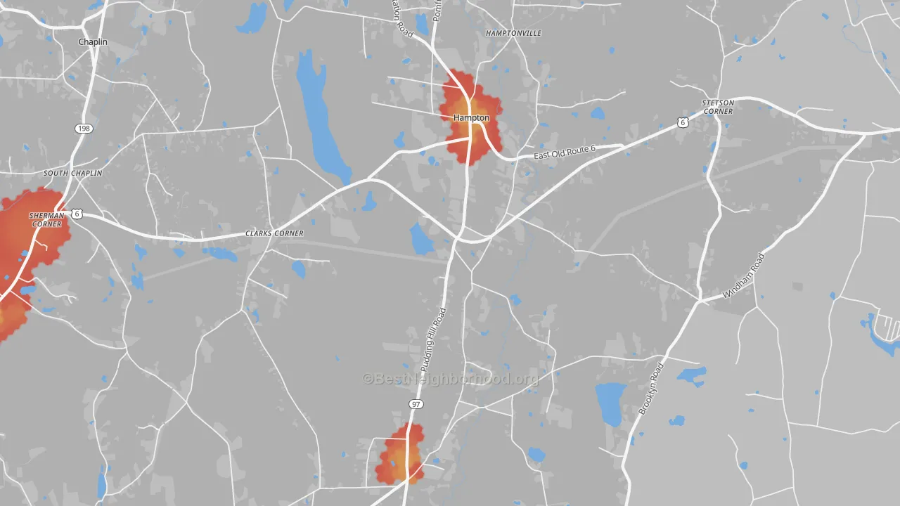 Walk Grade map of Hampton, CT, walkable areas in green and car-dependent areas in red