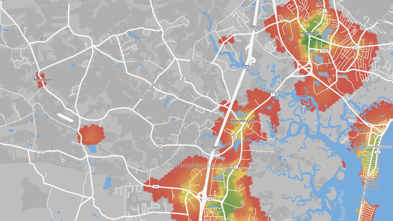 Walk Grade map of Hampton Falls, NH, walkable areas in green and car-dependent areas in red