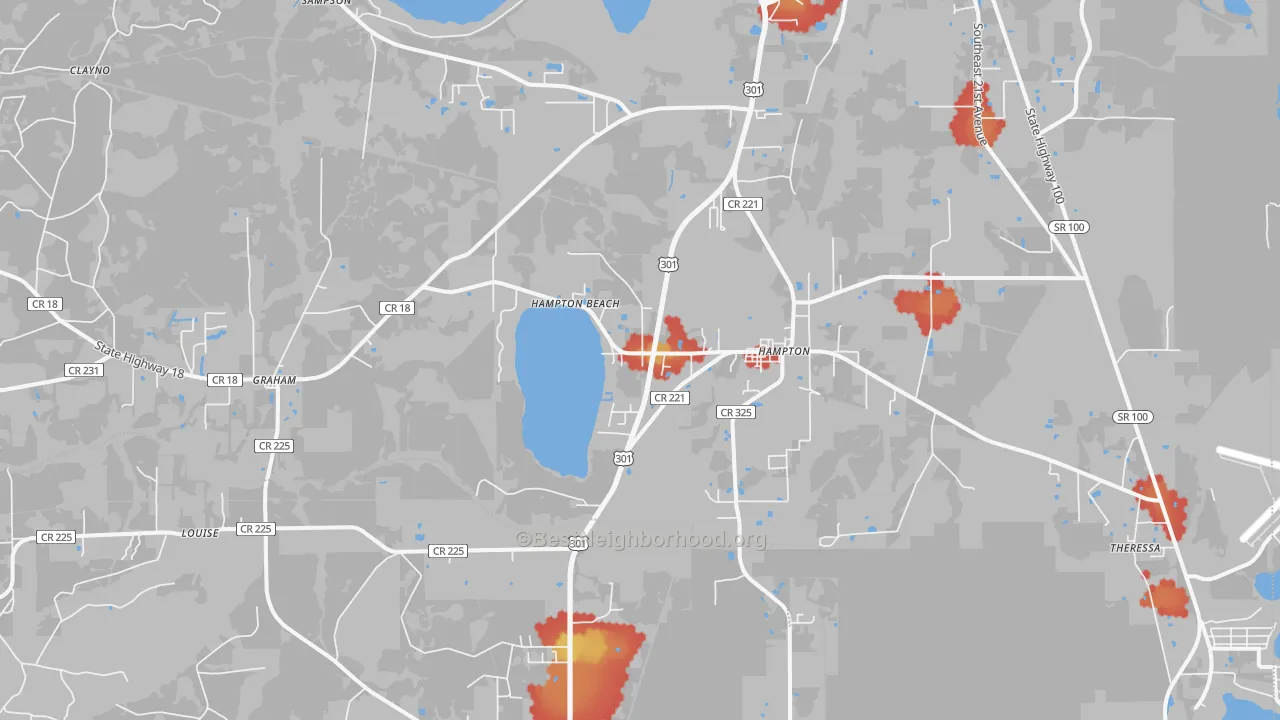 Walk Grade map of Hampton, FL, walkable areas in green and car-dependent areas in red