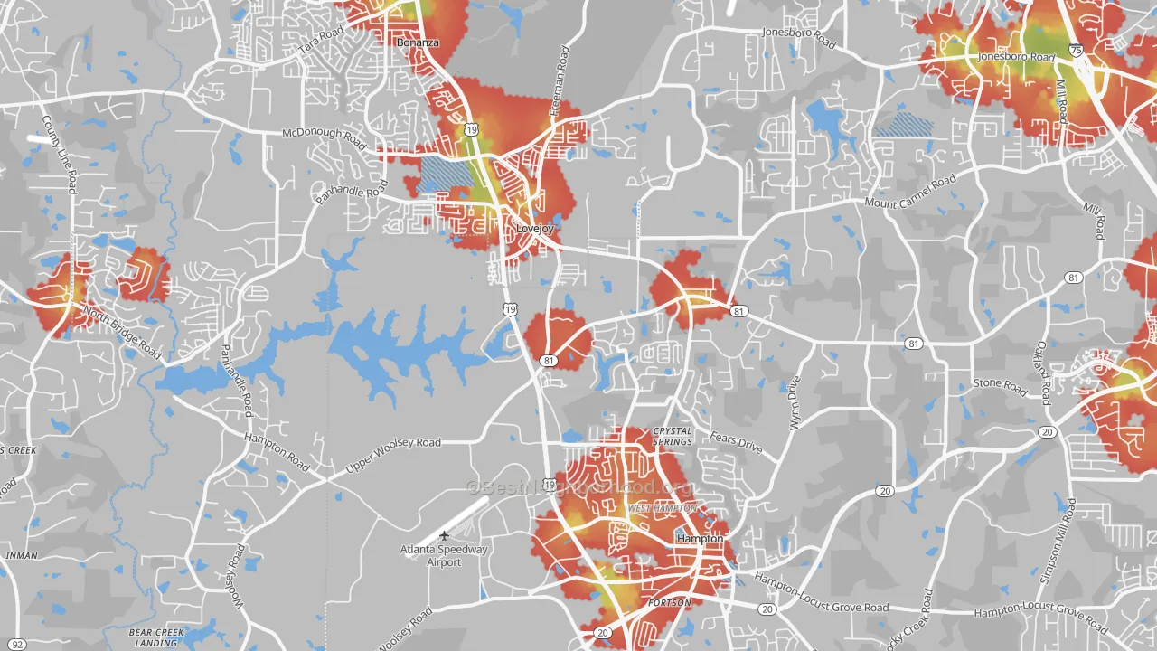 Walk Grade map of Hampton, GA, walkable areas in green and car-dependent areas in red