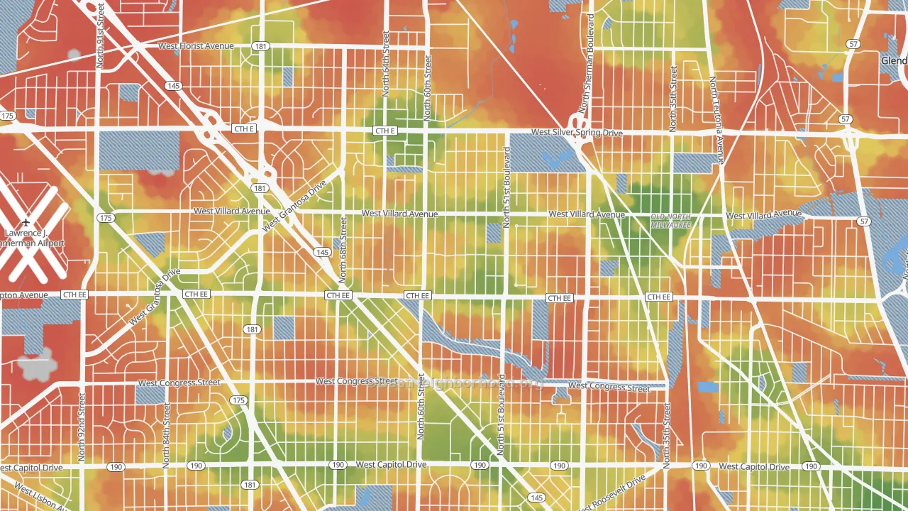 Walk Grade map of Hampton Heights, Milwaukee, WI, walkable areas in green and car-dependent areas in red