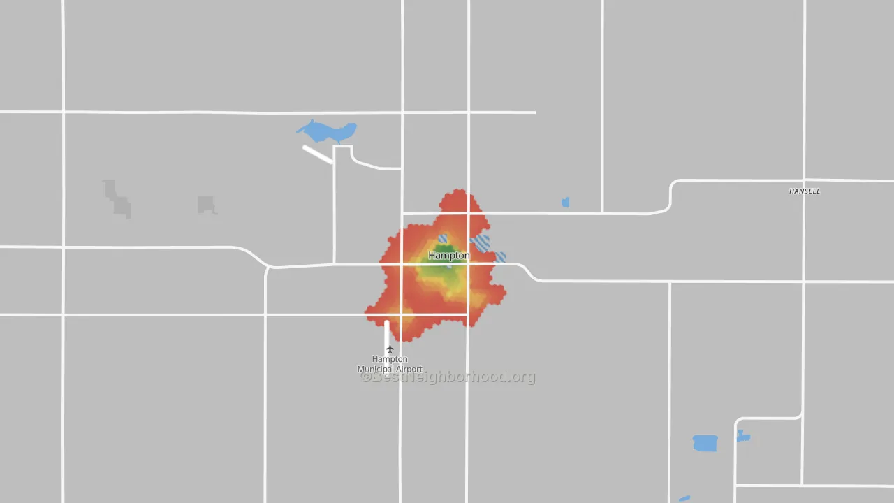 Walk Grade map of Hampton, IA, walkable areas in green and car-dependent areas in red