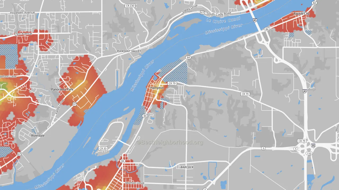 Walk Grade map of Hampton, IL, walkable areas in green and car-dependent areas in red