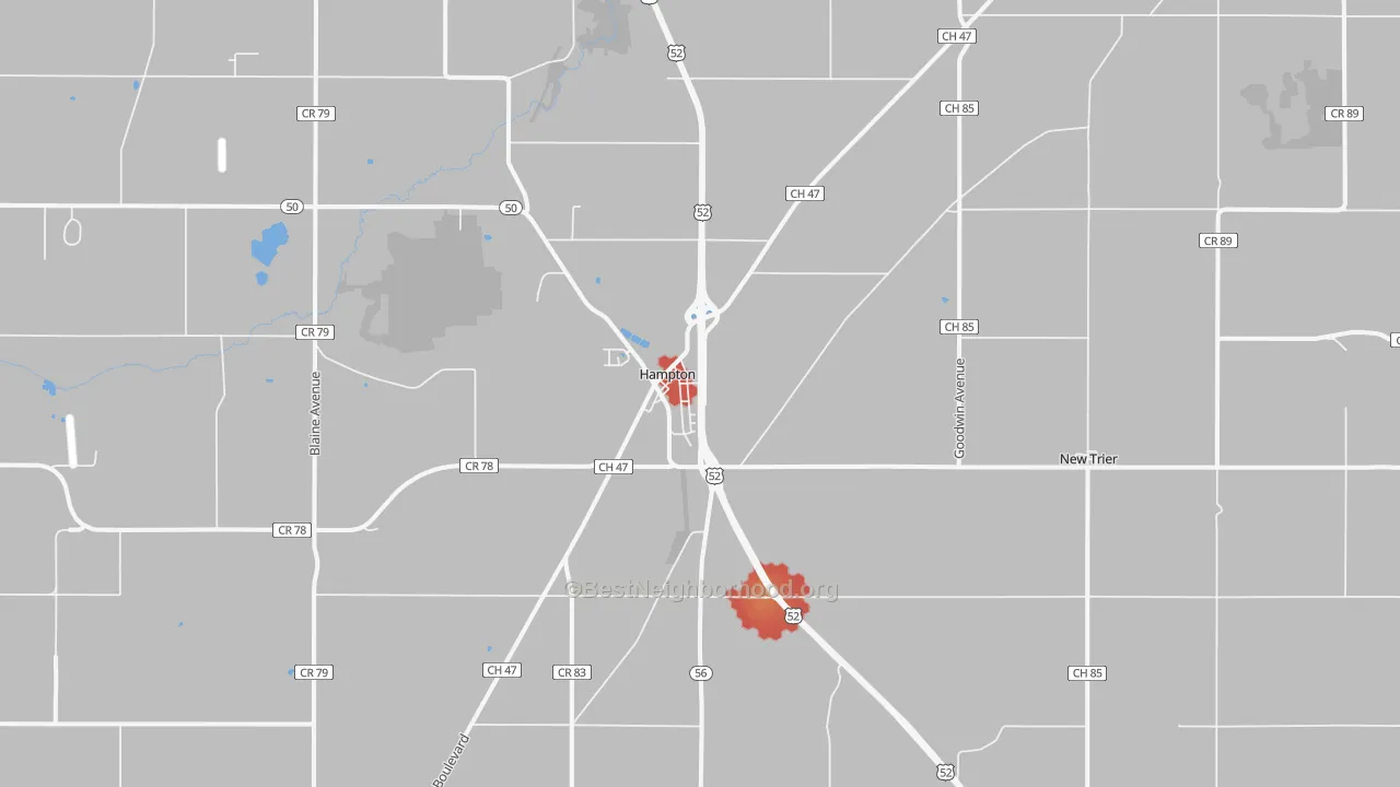 Walk Grade map of Hampton, MN, walkable areas in green and car-dependent areas in red
