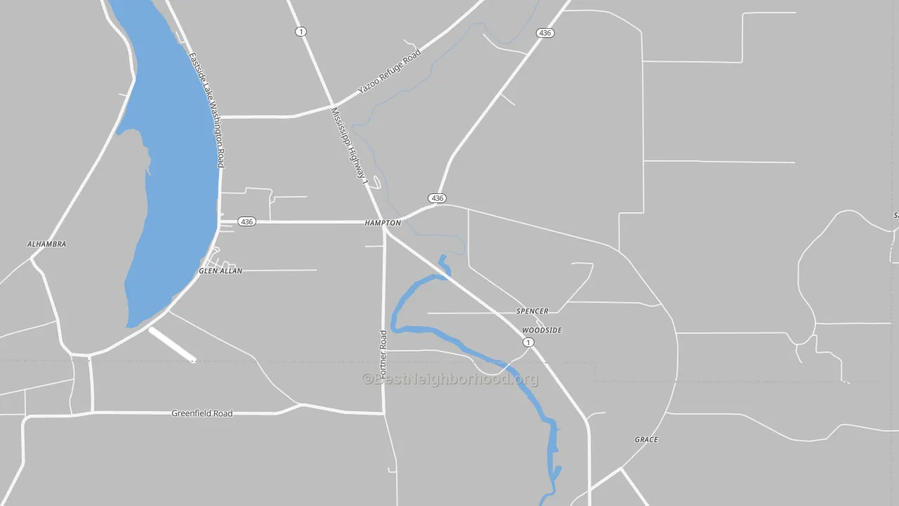 Walk Grade map of Hampton, MS, walkable areas in green and car-dependent areas in red