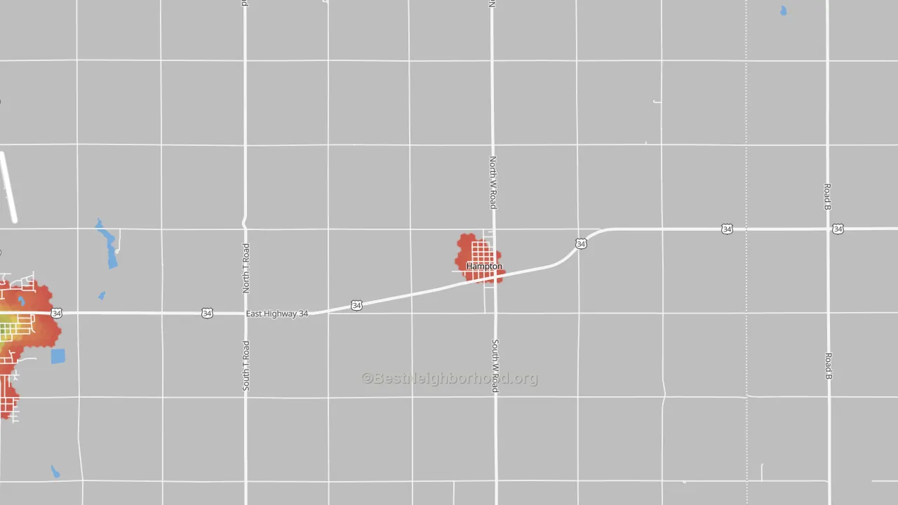 Walk Grade map of Hampton, NE, walkable areas in green and car-dependent areas in red