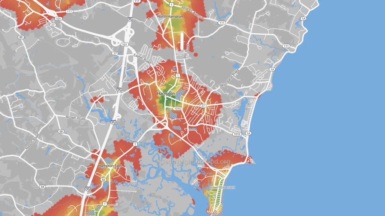 Walk Grade map of Hampton, NH, walkable areas in green and car-dependent areas in red