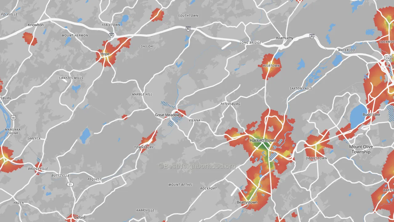 Walk Grade map of Hampton, NJ, walkable areas in green and car-dependent areas in red
