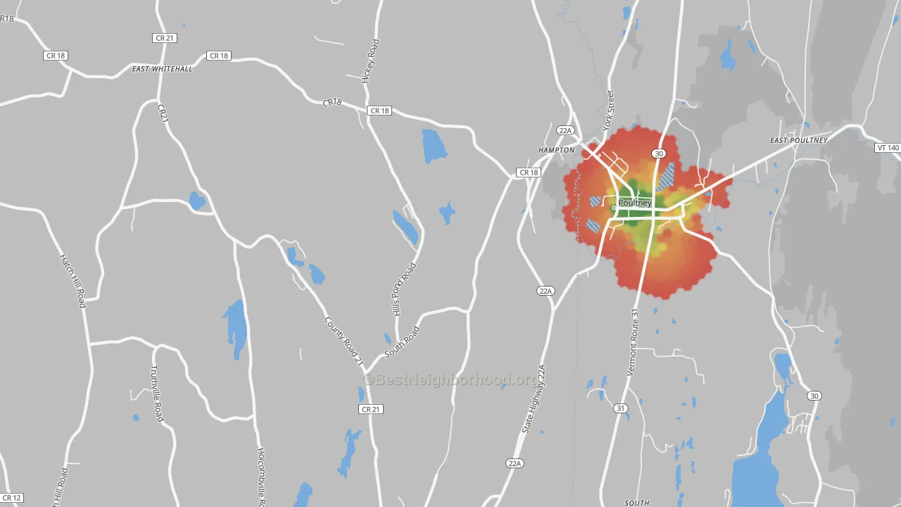 Walk Grade map of Hampton, NY, walkable areas in green and car-dependent areas in red