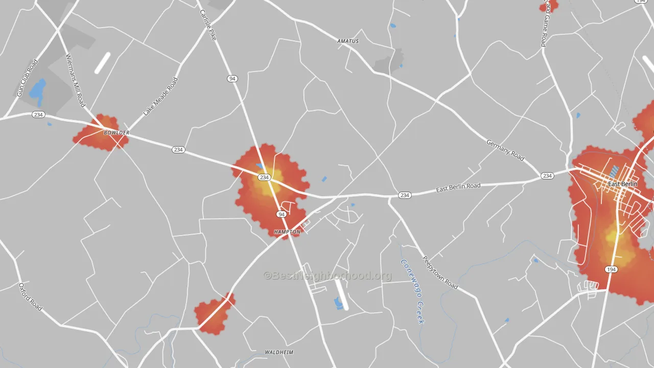 Walk Grade map of Hampton, PA, walkable areas in green and car-dependent areas in red