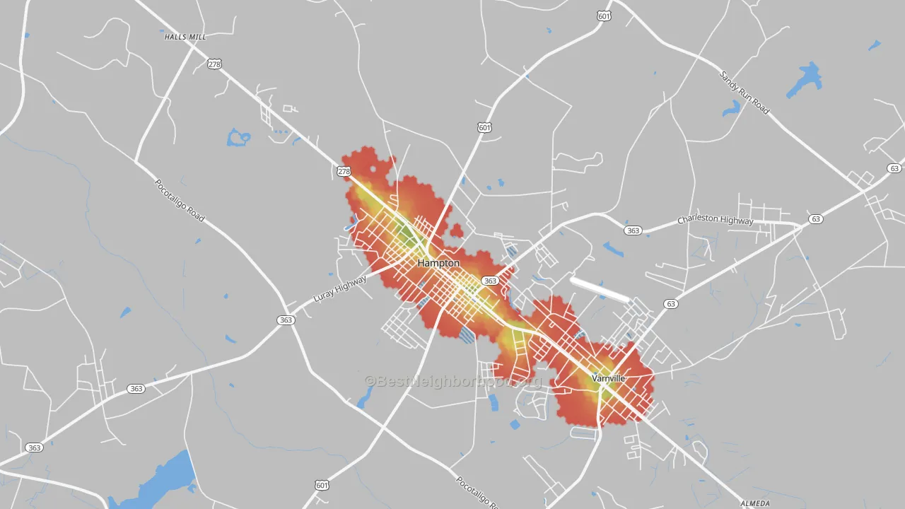 Walk Grade map of Hampton, SC, walkable areas in green and car-dependent areas in red