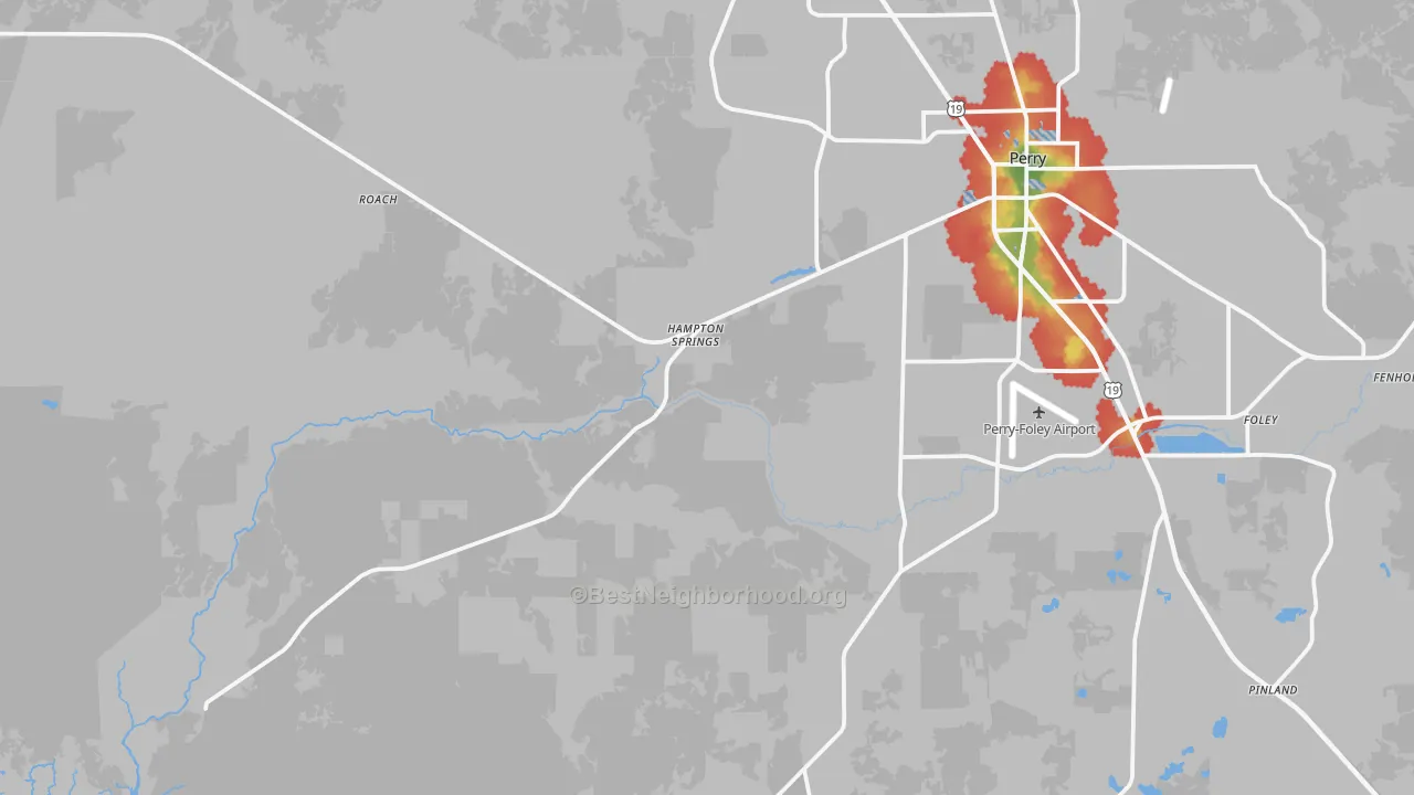 Walk Grade map of Hampton Springs, FL, walkable areas in green and car-dependent areas in red