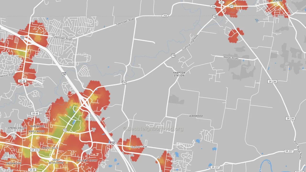 Walk Grade map of Hampton Station, TN, walkable areas in green and car-dependent areas in red
