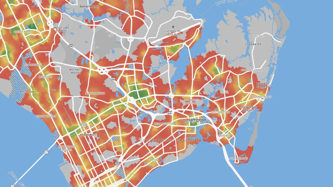 Walk Grade map of Hampton, VA, walkable areas in green and car-dependent areas in red