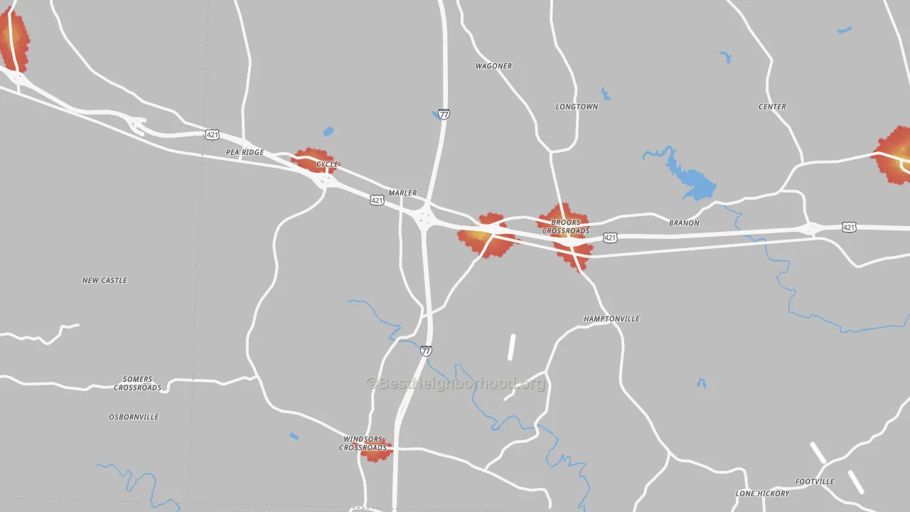 Walk Grade map of Hamptonville, NC, walkable areas in green and car-dependent areas in red