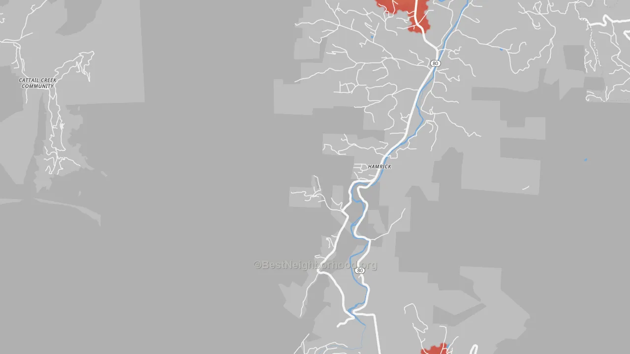 Walk Grade map of Hamrick, NC, walkable areas in green and car-dependent areas in red