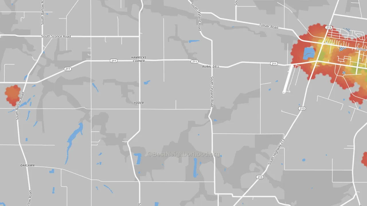 Walk Grade map of Hamricks Corner, OR, walkable areas in green and car-dependent areas in red