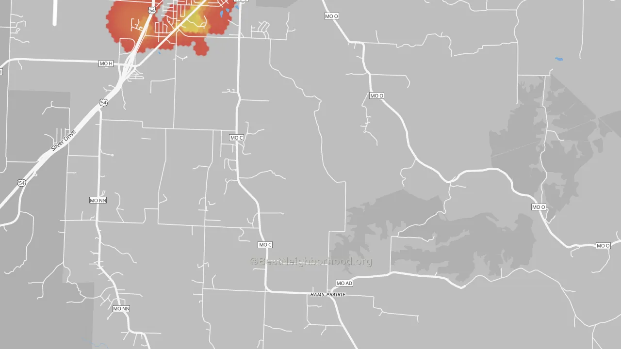 Walk Grade map of Hams Prairie, MO, walkable areas in green and car-dependent areas in red