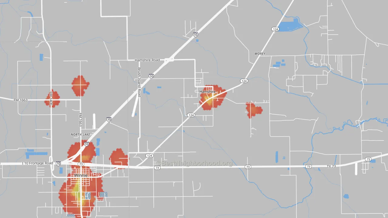 Walk Grade map of Hamshire, TX, walkable areas in green and car-dependent areas in red