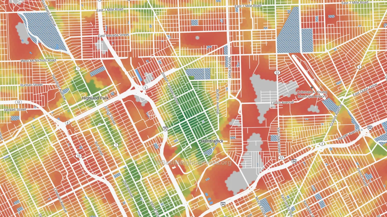 Walk Grade map of Hamtramck, MI, walkable areas in green and car-dependent areas in red