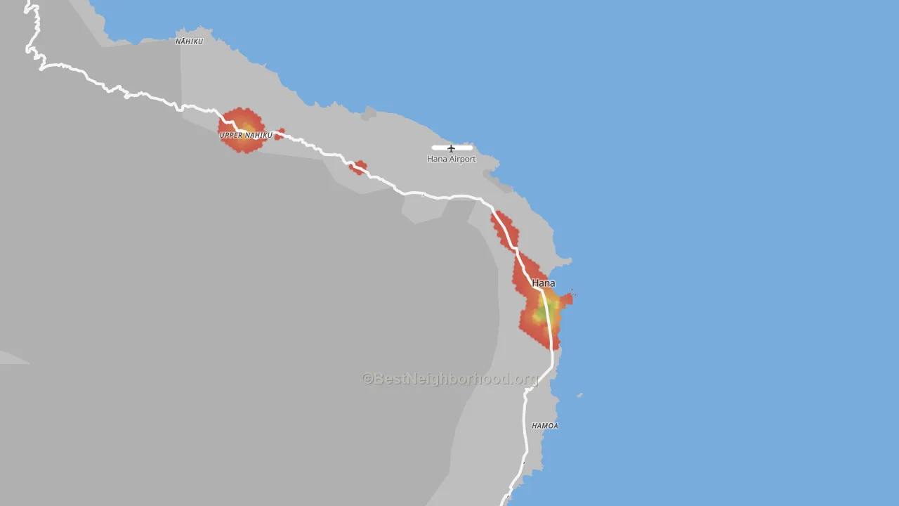 Walk Grade map of Hana, HI, walkable areas in green and car-dependent areas in red