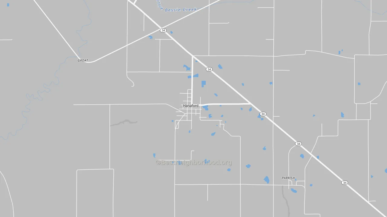 Walk Grade map of Hanaford, IL, walkable areas in green and car-dependent areas in red