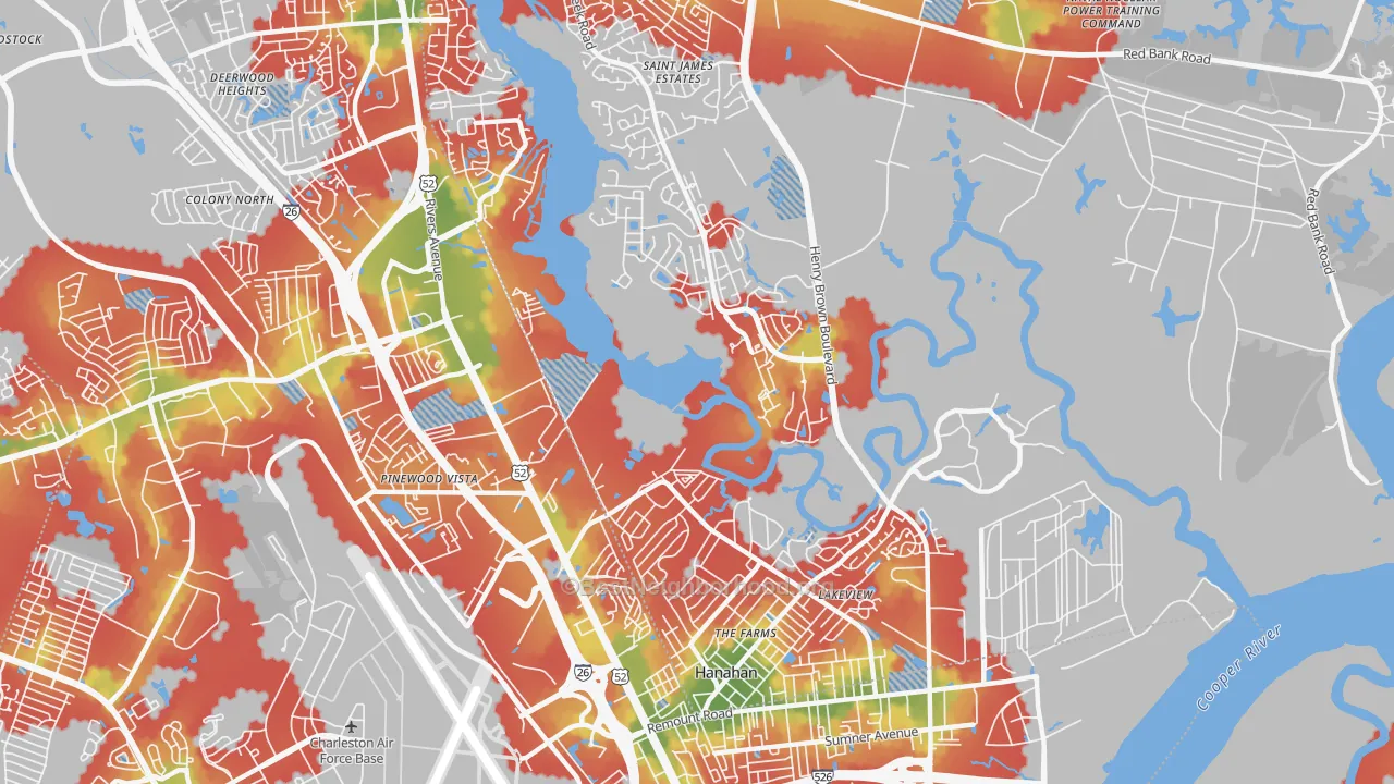 Walk Grade map of Hanahan, SC, walkable areas in green and car-dependent areas in red