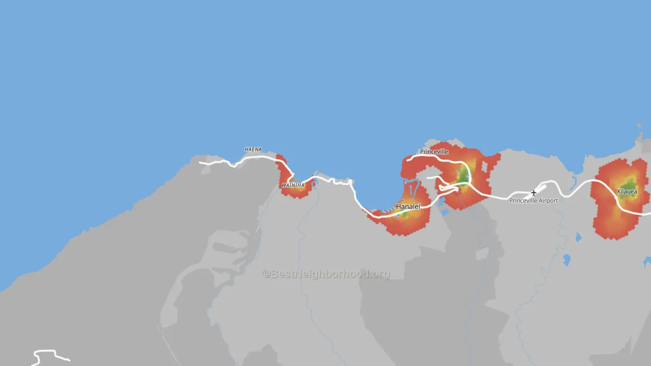 Walk Grade map of Hanalei, HI, walkable areas in green and car-dependent areas in red