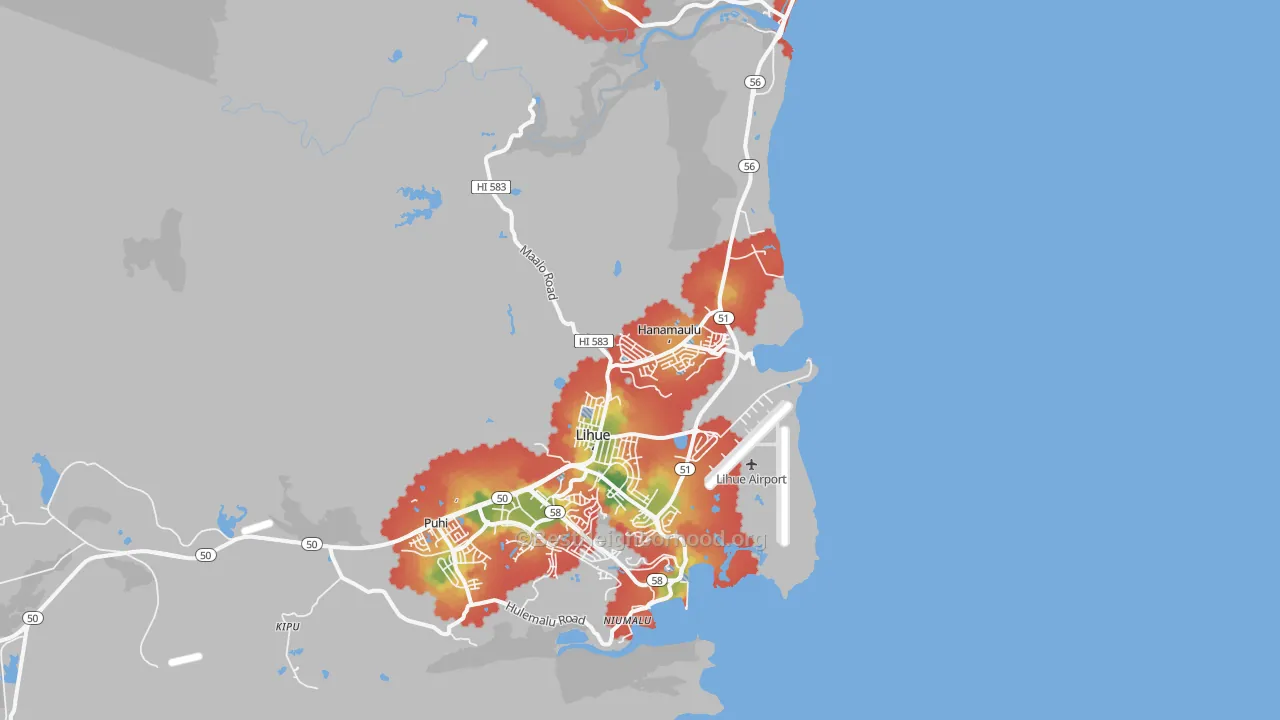 Walk Grade map of Hanamaulu, Lihue, HI, walkable areas in green and car-dependent areas in red